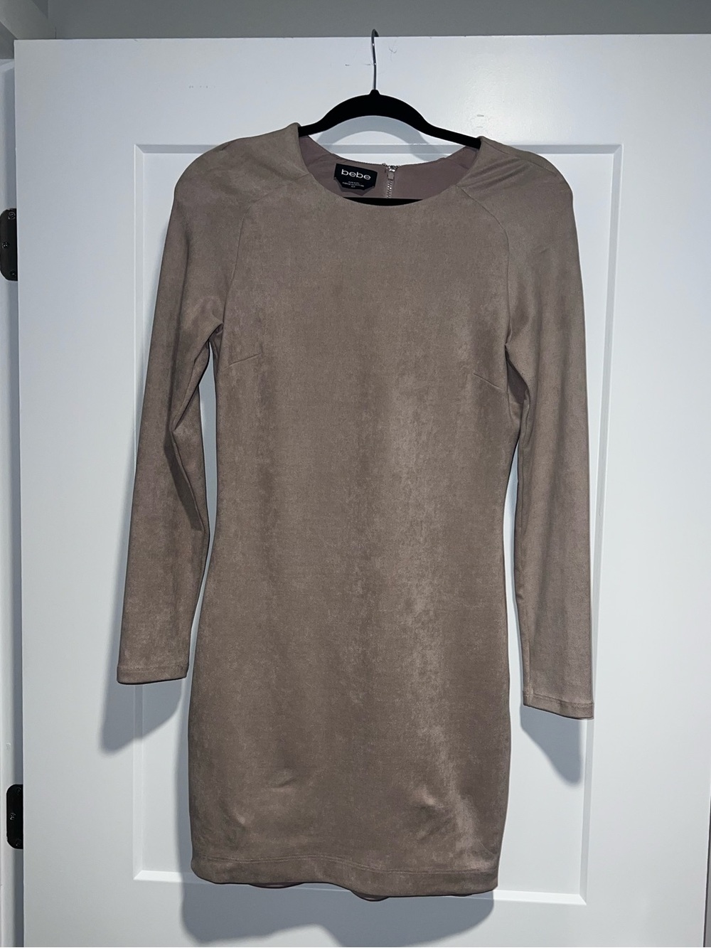 Bebe Taupe Faux Suede Long Sleeve Bodycon Dress